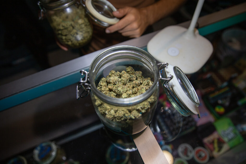 An open jar filled with cannabis buds on a table